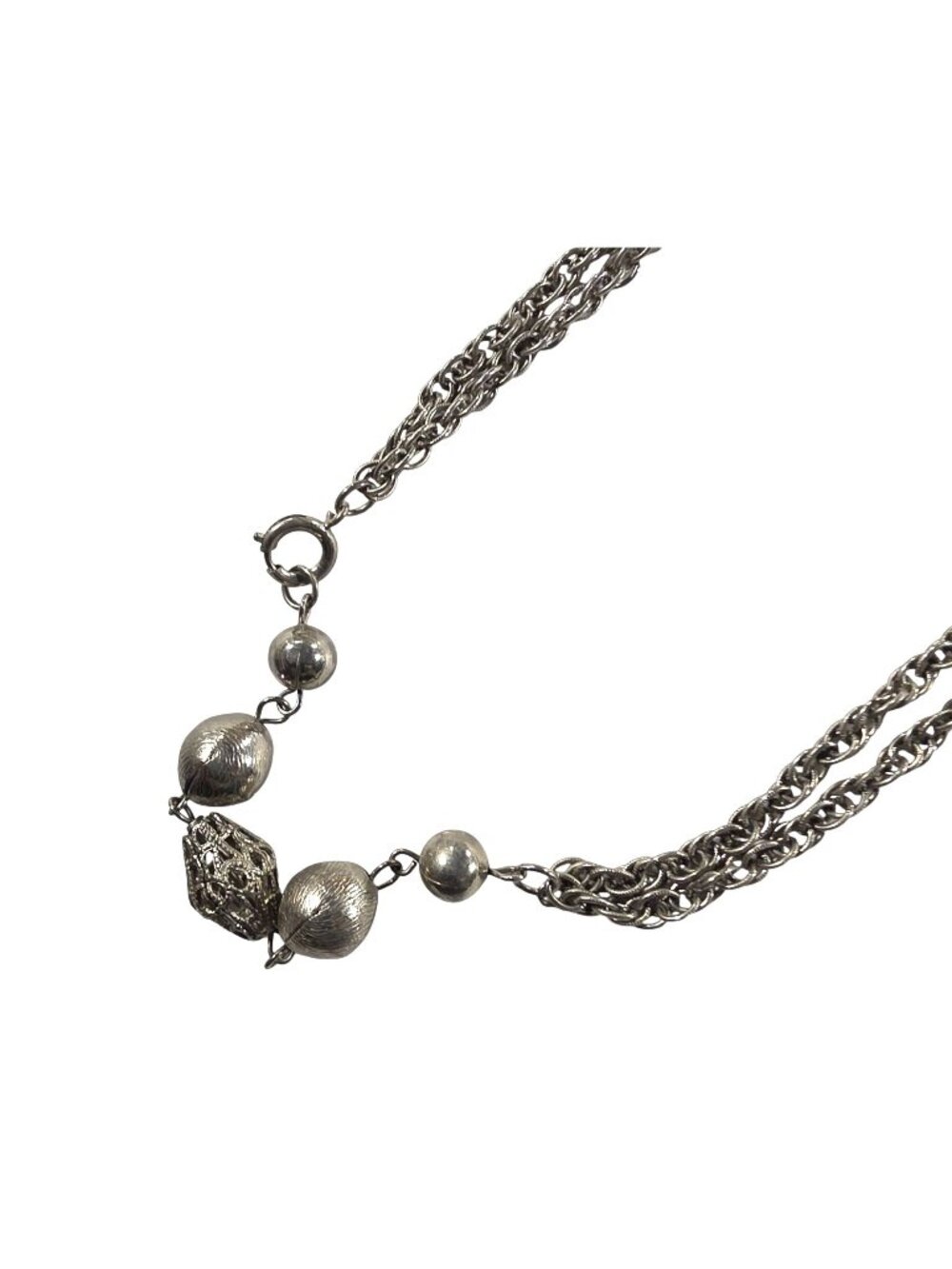 Silver-Tone Layered Chain Necklace With Textured Beads Filigree Womens Jewelry